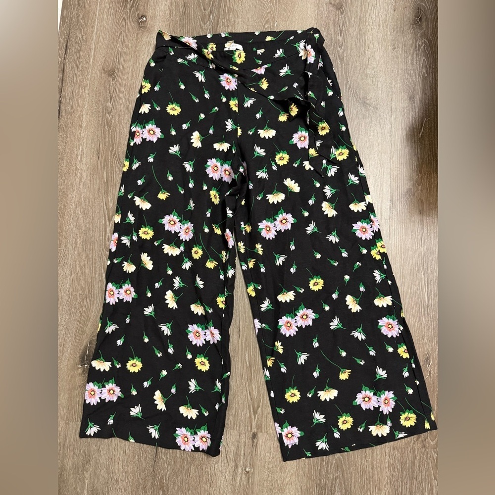 NWOT LOFT BLACK FLORAL LINEN BLEND WIDE LEG PANTS Fairy Country Prairie Medium - Picture 2 of 8